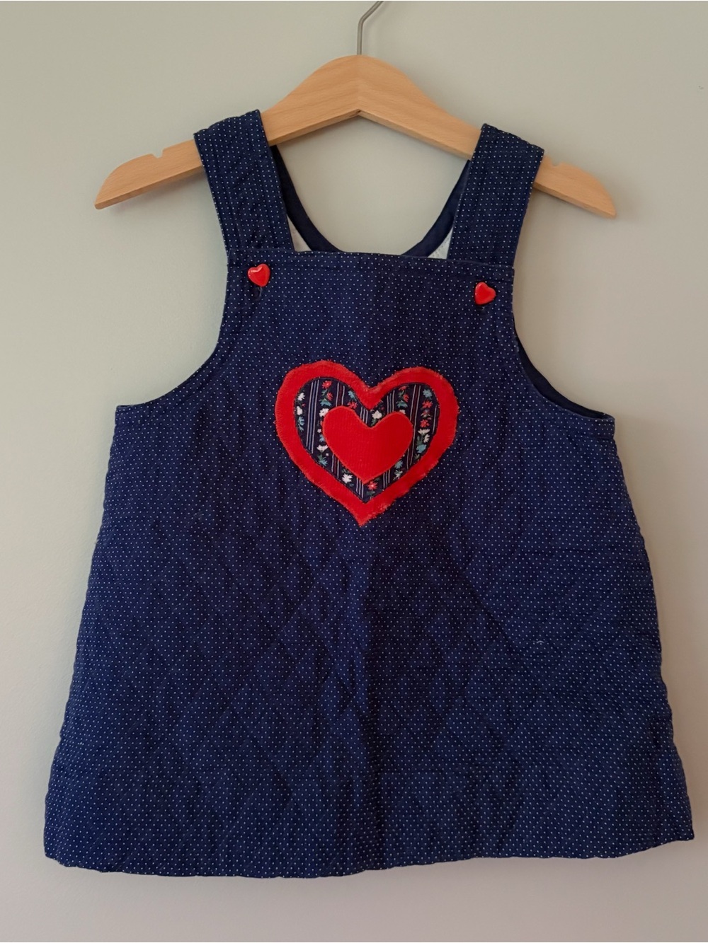 Handmade Girls Navy Heart Applique Pinafore Dress - Red Accent